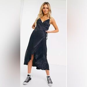 Abercrombie & Fitch Satin Wrap Dress V-Neck Leopard Black Print Ruffle Midi